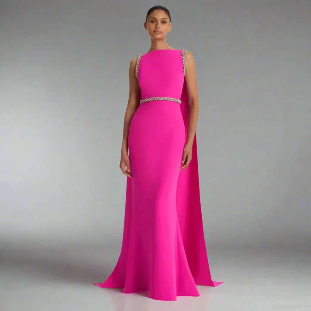 Custom Women's Evening Dress – Boat Collar, Diamond-Embellished, High Waist, Slim Fit with Trailing Design